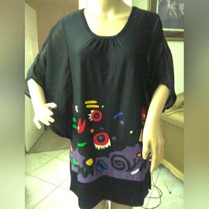 BNWOT Black W/ ARTSY DESIGNS Tunic SHEER SLV. SZ LG COLORFUL  BY Very Vollbrach